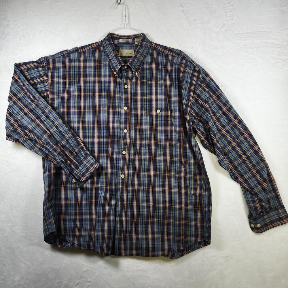 Vtg Bill Blass Mens‎ XXL Plaid Button Down Shirt Blue Tan Long Sleeve Cotton